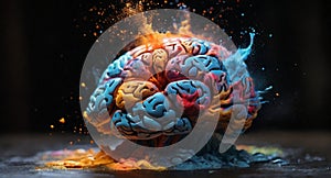 Human brain with colored splashes of paint on a dark background.