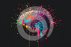 Human brain in colorful splashes on black background. Neural network generated art