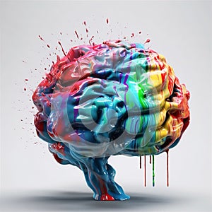Human brain with colourful splashes. Happiness, creativity, mental health concept. AI generated