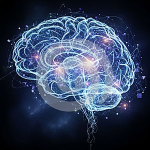 Of a human brain composed of glowing interconnected dots and