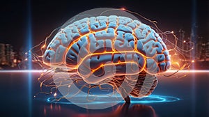 Human brain connected to digital interfaces, glowing neon data streams