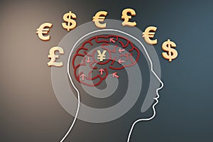 Human brain and currency symbols, direction and purpose of struggle, career success