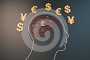Human brain and currency symbols, direction and purpose of struggle, career success
