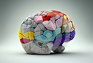 Human brain with different colors and shapes. stone, 3d render illustration. generative ai