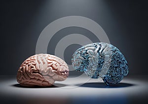 Human brain and digital brain model depicting technology and artificial intelligence concepts