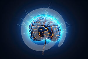 Human brain digital illustration.Flashes and lightning, electrical activity on a blue background.Generation A