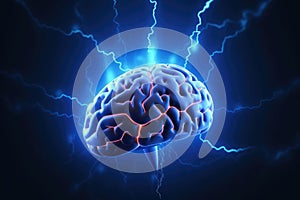 Human brain digital illustration.Flashes and lightning, electrical activity on a blue background.Generation A