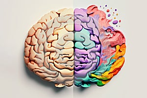 Human brain divided on two part, created with Generative AI technology photo