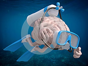 Human brain with diving goggles and flippers
