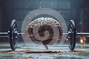 Human brain doing workout heavy work powerlifting power calculations health intelligence smart person training education