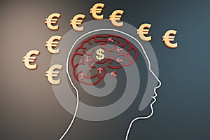 Human brain with dollar and euro currency symbols, direction and purpose of struggle, career success