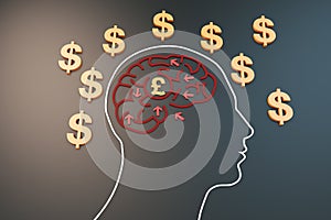 Human brain with dollar and pound currency symbols, direction and purpose of struggle, career success