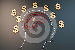 Human brain with dollar and renminbi currency symbols, direction and purpose of struggle, career success