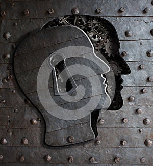 Human brain door with keyhole concept made from metal gears