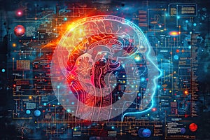 Human brain with electrical activity, colored neurons glowing on black background