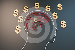Human brain with euro and dollar currency symbols, direction and purpose of struggle, career success