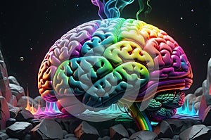 Human Brain Expanding Rapidly - Neon Smoky Rainbow Hues Emanating from the Fissures, Embodying Knowledge Expansion