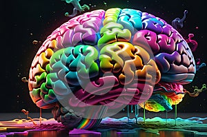 Human Brain Expanding Rapidly - Neon Smoky Rainbow Hues Emanating from the Fissures, Embodying Knowledge Expansion