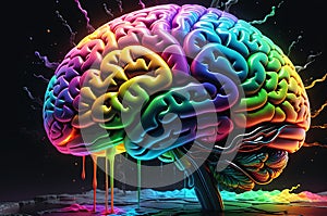 Human Brain Expanding Rapidly - Neon Smoky Rainbow Hues Emanating from the Fissures, Embodying Knowledge Expansion