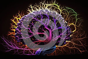 The human brain explodes with colored active neuron endings, future brain activity research, Generative AI