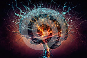 The human brain explodes with colored active neuron endings, future brain activity research, Generative AI