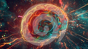 Human brain exploding with colorful particles and energy, artificial intelligence and creativity