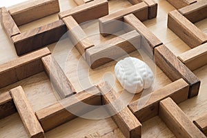 Human brain find search the exit way in wooden maze game background. Business problem solution for successful target, creative