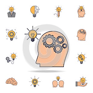 human brain with gears connected to light bulb fild color icon. Detailed set of color idea icons. Premium graphic design. One of