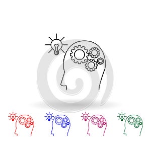 A human brain with gears connected to a light bulb multi color icon. Simple thin line, outline vector of idea icons for ui and ux
