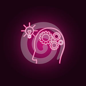 human brain with gears connected to light bulb neon icon. Elements of Idea set. Simple icon for websites, web design, mobile app,