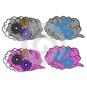Human brain with gearwheel cartoon set illustration. Working brain  set collection
