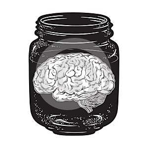 Human brain in glass jar isolated. Sticker, print or blackwork tattoo design hand drawn vector illustration