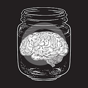 Human brain in glass jar isolated. Sticker, print or blackwork tattoo design hand drawn vector illustration photo