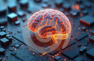 Human brain glows on computer motherboard. Concept of AI development, human machine integration, future tech. Neural network