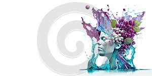 Human brain with grapes and wine splashes, grapevine, wellness and emotion concept, woman enjoying a glass of wine