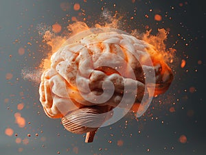 Human brain on a gray background, concept with brain exploding ideas. Mind blown concept