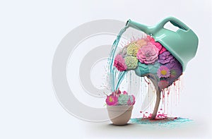 Human brain growing from a flower, watering can is pouring water on the child mind, parenting concept, positive attitude