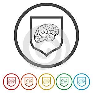 Human brain with guard shield ring icon, color set