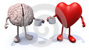 Human brain and heart with arms and legs and cup of coffee