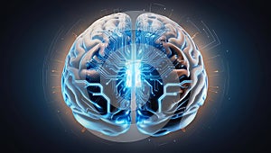 Human brain illuminated by glowing circuits, representing the future of AI-powered intellect and machine learning