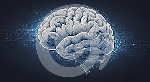 Human Brain Illustration with Binary Code, Technology Concept