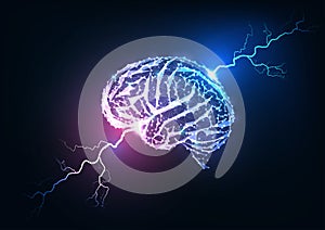 Human brain impulse concept. Futuristic glowing low polygonal brain and lightnings photo