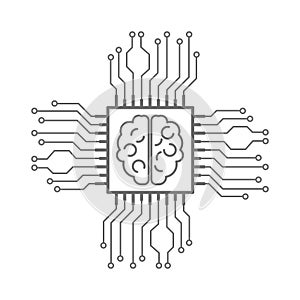 Human brain inside a computer CPU chip. Artificial Intelligence concept. Outline thin line flat illustration. Isolated.