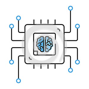 Human brain inside a CPU computer chip. AI or Artificial Intelligence concept. Flat style icon.