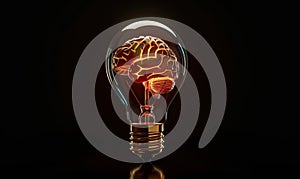 Human brain inside lightbulb on wooden table black background