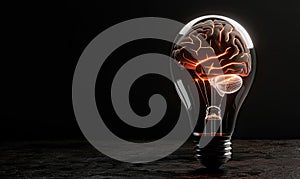 Human brain inside lightbulb on wooden table black background