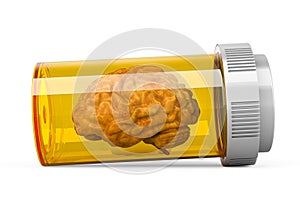 Human brain inside medical bottle from pills. Brain and drugs concept. 3D rendering