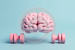 Human brain lifting weights. 3D brain lifting a heavy dumbbell. Mind training, memory health, Alzheimer's prevention, brain