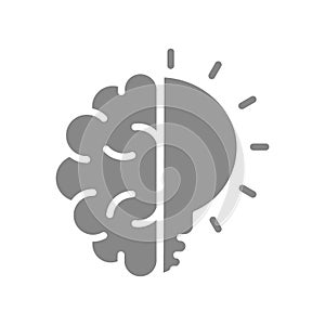 Human brain with light bulb gray icon. Creative idea symbol.