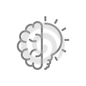 Human brain with light bulb line icon. Creative idea, brainstorm, thinking symbol